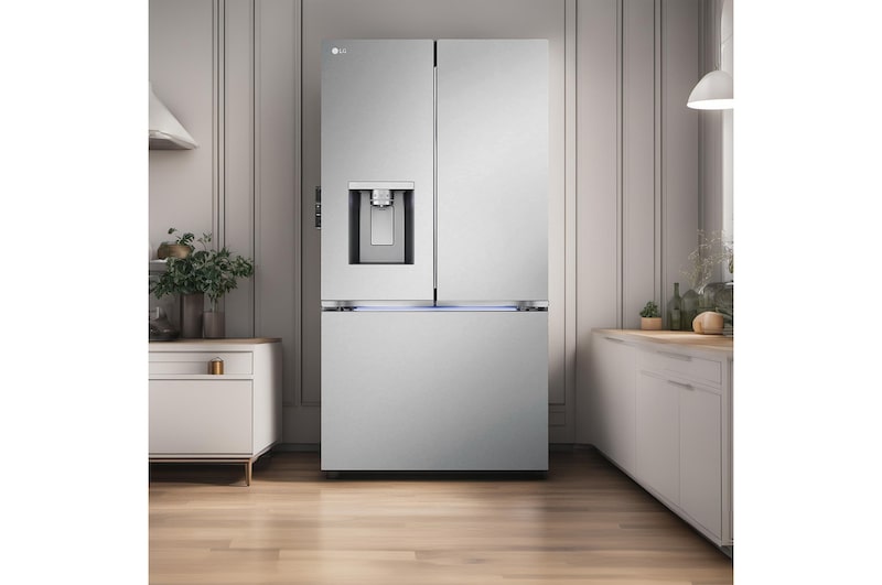 The PrintProof™ Stainless Steel LG 36-inch 31 cu.ft. French Door Refrigerator LRYXS3106S with ice & water dispenser, shown in a bright, elegant kitchen.