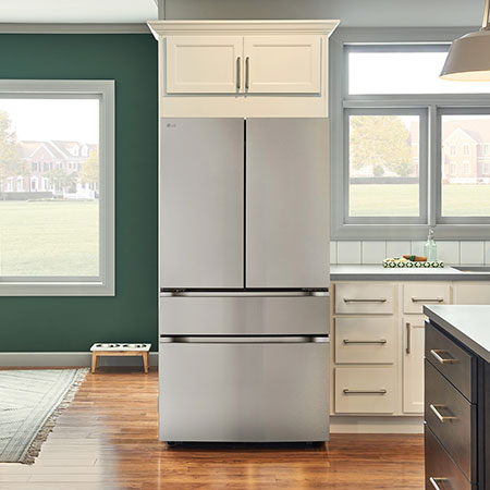 The PrintProof™ Stainless Steel LG 36-inch 30 cu.ft. 4-Door French Door Refrigerator LF30S8210S, shown installed in a modern kitchen.