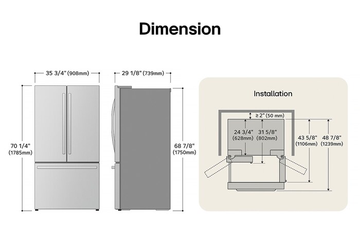 LG LCFC26XSS French Door Refrigerator technical drawing: H 70 1/4"(1785mm), W 35 3/4"(908mm), D 29 1/8"(739mm), incl. clearances.