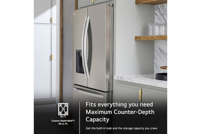 The LG LCFC26XSS refrigerator's Counter-Depth MAX™ design, offering a built-in look with large 26 cu.ft. capacity.