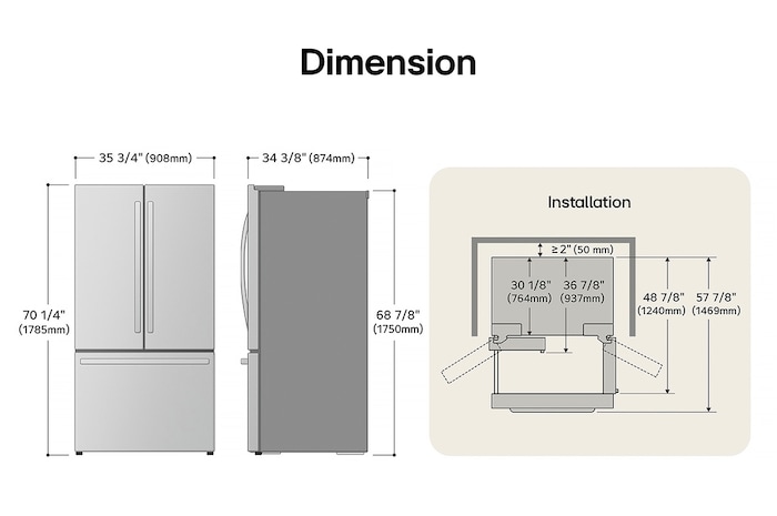 LG LRFLS3206S French Door Refrigerator technical drawing: H 70 1/4"(1785mm), W 35 3/4"(908mm), D 34 3/8"(874mm), incl. clearances.