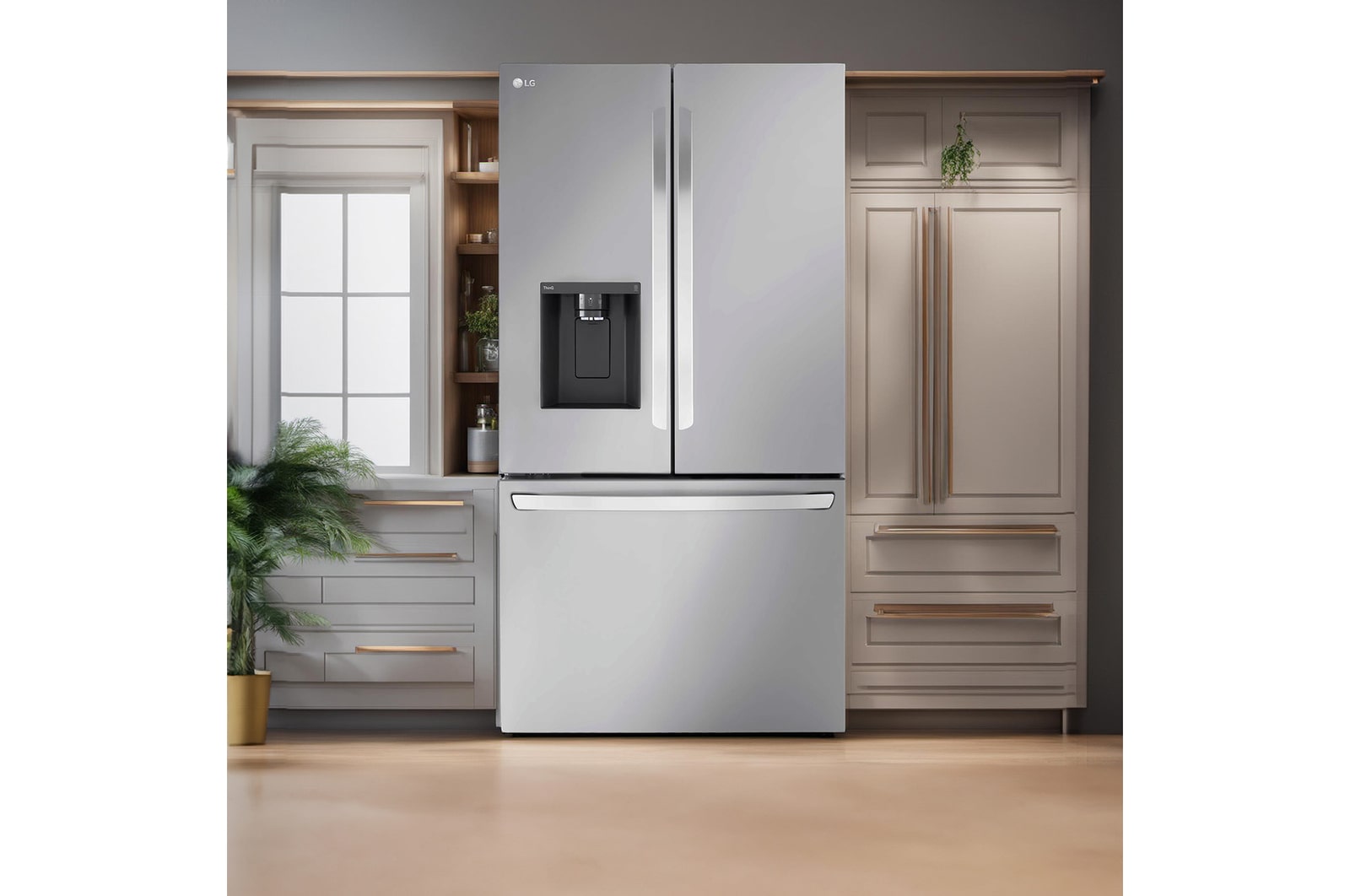 The PrintProof™ Stainless Steel LG 36-inch 32 cu.ft. French Door Refrigerator LRFLS3206S, shown installed in a modern kitchen with grey cabinets.