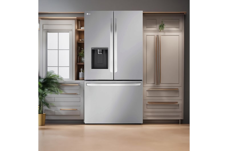 The PrintProof™ Stainless Steel LG 36-inch 32 cu.ft. French Door Refrigerator LRFLS3206S, shown installed in a modern kitchen with grey cabinets.