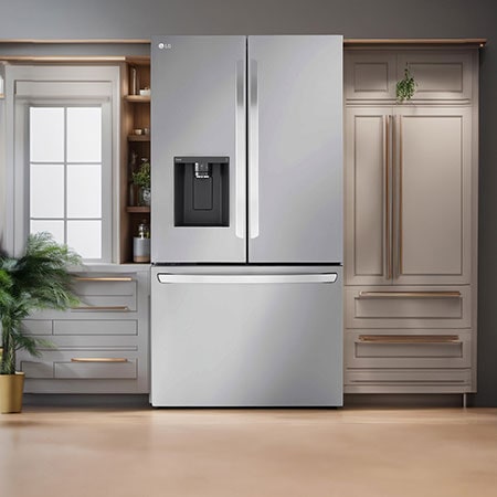 The PrintProof™ Stainless Steel LG 36-inch 32 cu.ft. French Door Refrigerator LRFLS3206S, shown installed in a modern kitchen with grey cabinets.