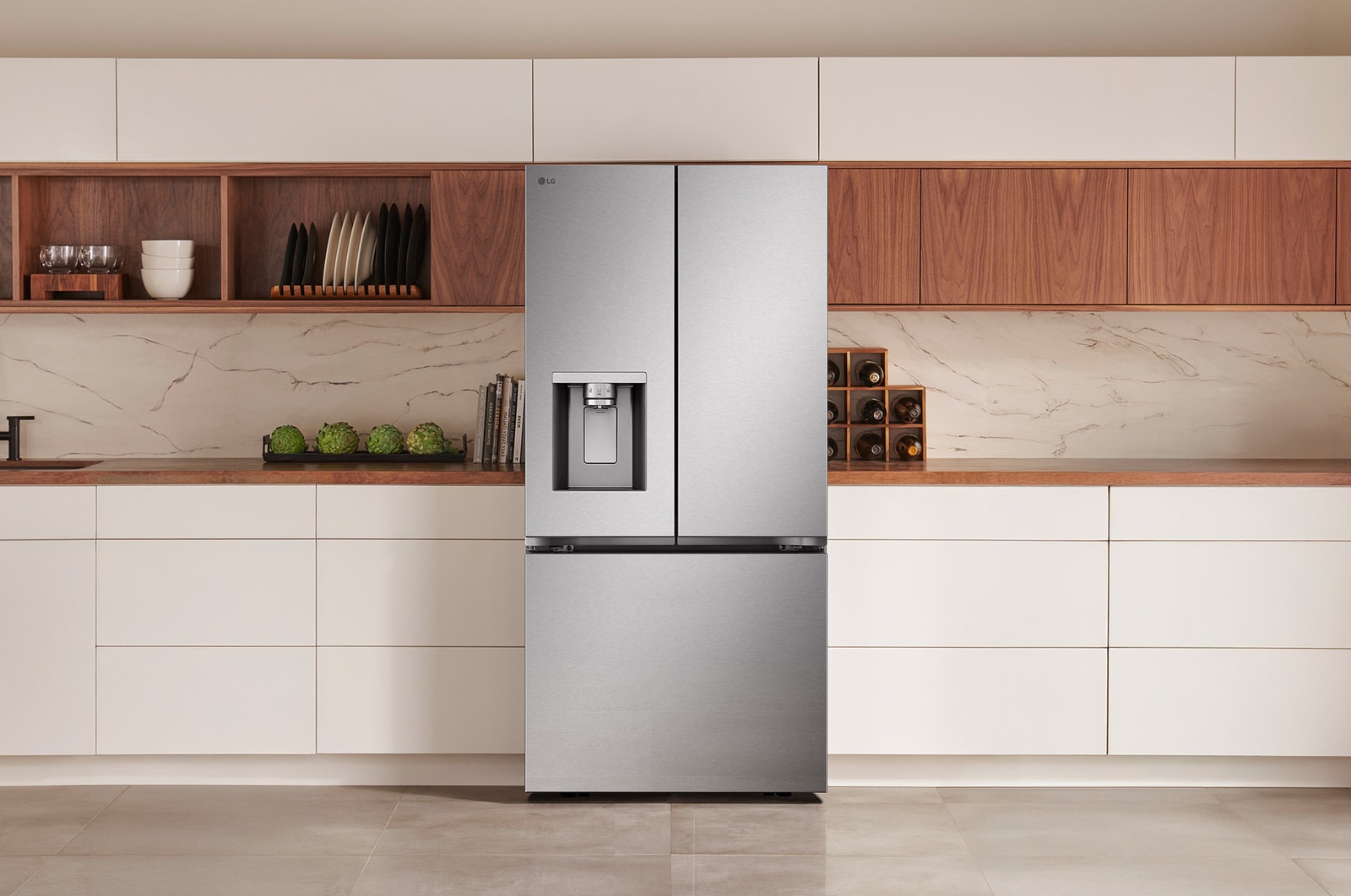 The PrintProof™ Stainless Steel LG 33-inch 20 cu.ft. Counter Depth French Door Refrigerator LF20C6330S with ice & water dispenser, in a modern kitchen.