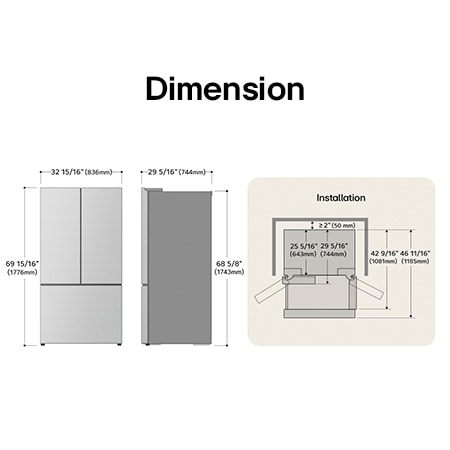 LG LF20C6330S French Door Refrigerator technical drawing: H 69 15/16"(1776mm), W 32 15/16"(836mm), D 29 5/16"(744mm), incl. clearances.