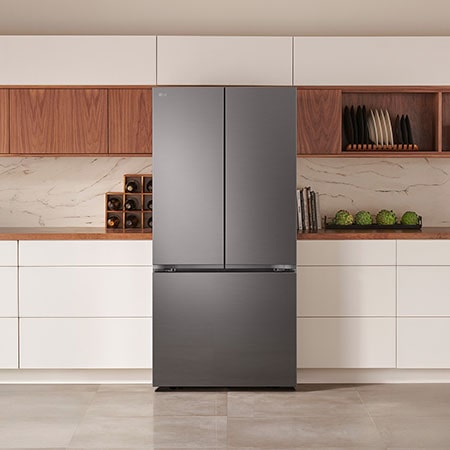 The PrintProof™ Black Stainless Steel LG 33-inch 25 cu.ft. French Door Refrigerator LF25S6200D, shown installed in a modern kitchen.