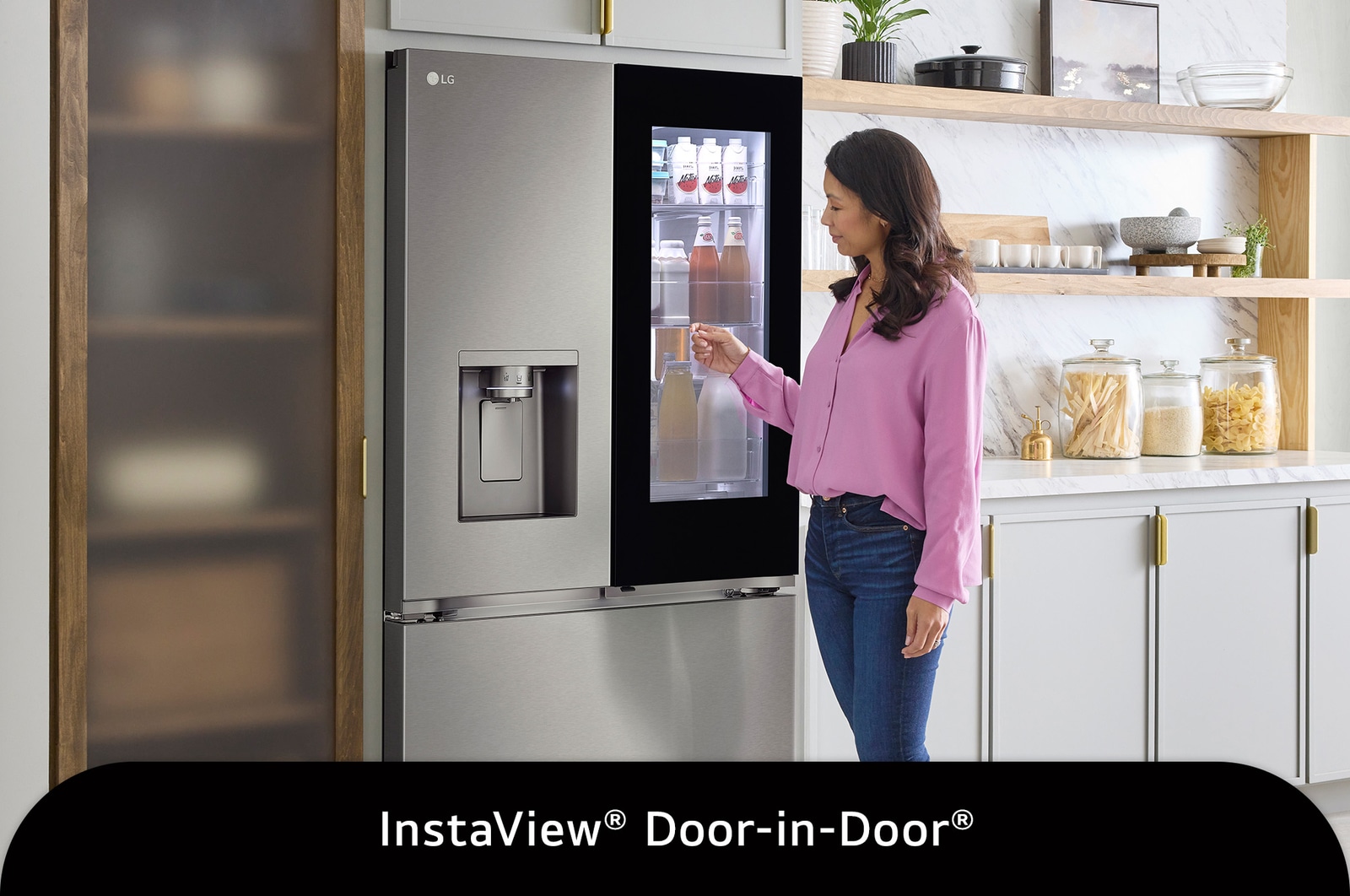 The LG 26 cu.ft. French Door Refrigerator LF26C6360S, showing the InstaView® Door-in-Door® panel being knocked on to see inside.