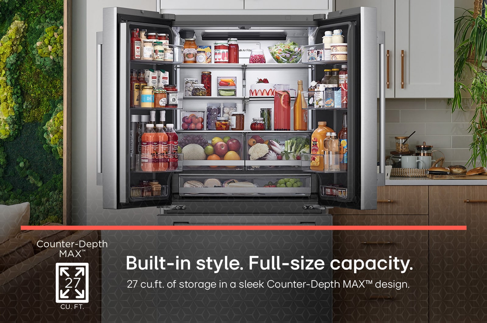 The LG STUDIO SRFB27S3 refrigerator interior, showing its Counter-Depth MAX™ design offering a built-in look with 27 cu.ft. capacity.