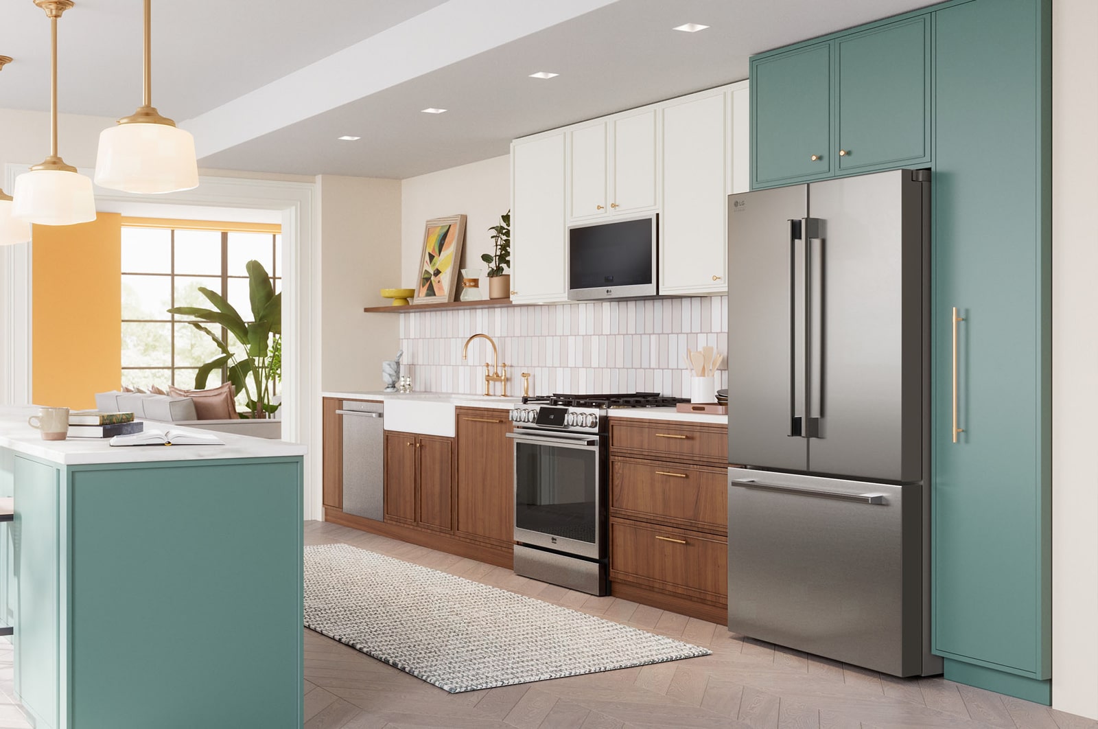 The stainless steel finish LG STUDIO 36-inch 27 cu.ft. French Door Refrigerator SRFB27S3, shown installed in a modern kitchen with matching appliances.