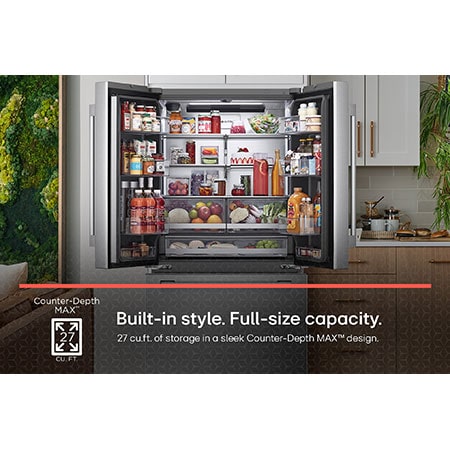 The LG STUDIO SRFB27S3 refrigerator interior, showing its Counter-Depth MAX™ design offering a built-in look with 27 cu.ft. capacity.