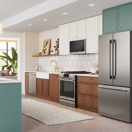 The stainless steel finish LG STUDIO 36-inch 27 cu.ft. French Door Refrigerator SRFB27S3, shown installed in a modern kitchen with matching appliances.