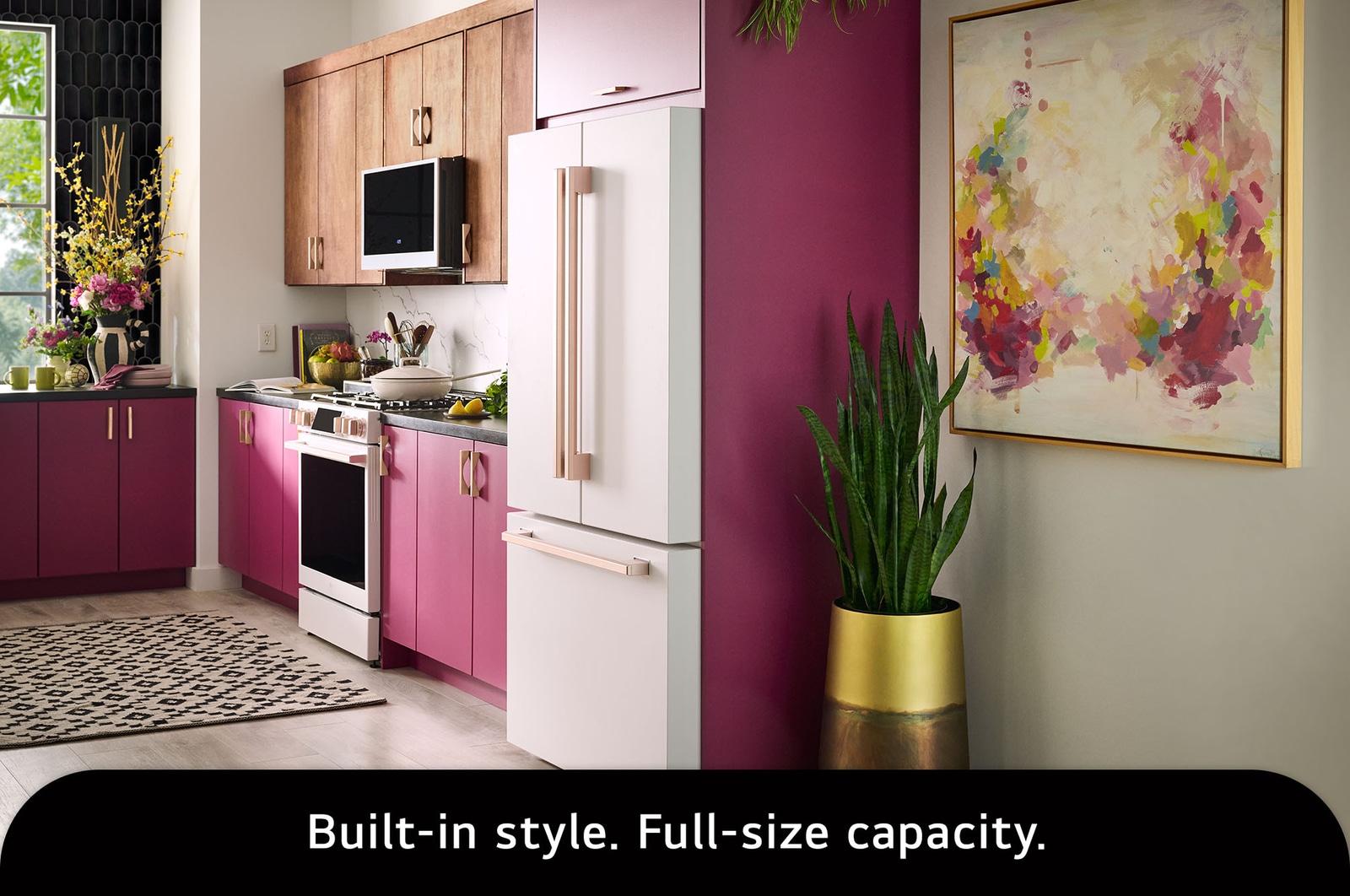 The LG STUDIO SRFB27W3 refrigerator in white with bronze handles, highlighting its Counter-Depth MAX™ design offering a built-in look with 27 cu.ft. capacity.