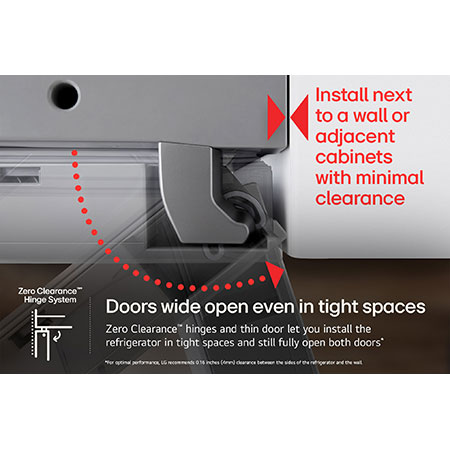Close-up of the LG LF24Z6530S refrigerator's Zero Clearance™ Hinge, allowing doors to open fully even in tight spaces.