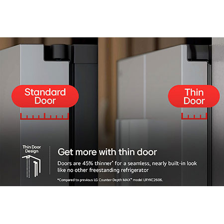 Comparison graphic showing the 45% thinner door design of the LG LF24Z6530S refrigerator vs. a standard door for a nearly built-in look.