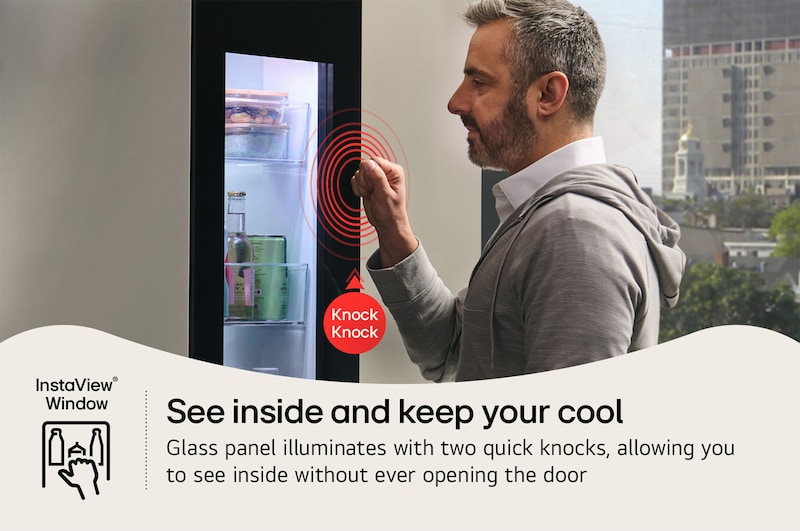 The LG 29 cu.ft. French Door Refrigerator LF29S8365S, showing the InstaView® Window panel being knocked on to see inside without opening the door.