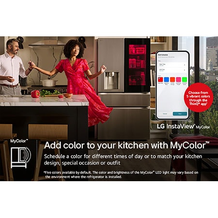 The LG LF29S8365S refrigerator's InstaView® MyColor™ feature, showing the panel light customized via the ThinQ® app with 5 color options.