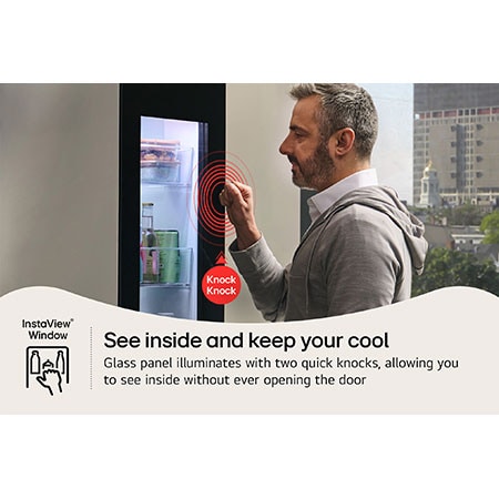 The LG 29 cu.ft. French Door Refrigerator LF29S8365S, showing the InstaView® Window panel being knocked on to see inside without opening the door.