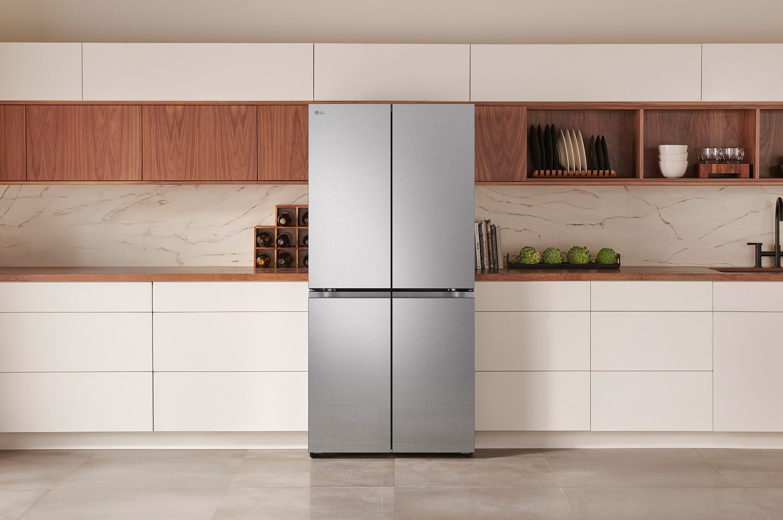 The PrintProof™ Stainless Steel LG 33-inch 19 cu.ft. Counter Depth 4-Door French Door Refrigerator LF19C8200S, shown installed in a modern kitchen.