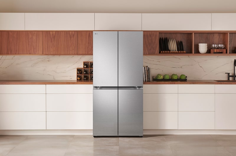 The PrintProof™ Stainless Steel LG 33-inch 19 cu.ft. Counter Depth 4-Door French Door Refrigerator LF19C8200S, shown installed in a modern kitchen.