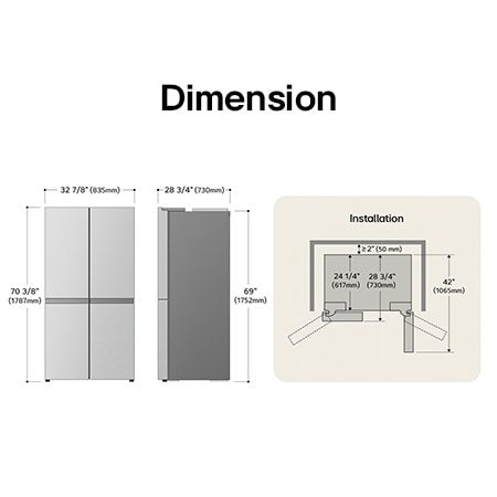 LG LF19C8200S 4-Door French Door Refrigerator technical drawing: H 70 3/8"(1787mm), W 32 7/8"(835mm), D 28 3/4"(730mm), incl. clearances.