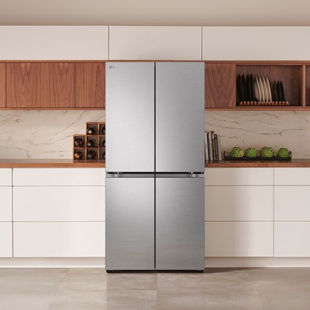 The PrintProof™ Stainless Steel LG 33-inch 19 cu.ft. Counter Depth 4-Door French Door Refrigerator LF19C8200S, shown installed in a modern kitchen.