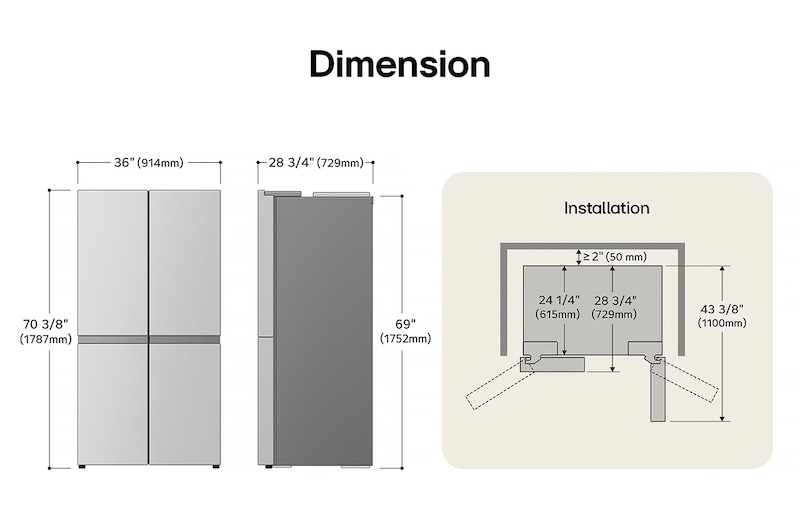 LG LF24C8200S 4-Door French Door Refrigerator technical drawing: H 70 3/8"(1787mm), W 36"(914mm), D 28 3/4"(729mm), incl. clearances.
