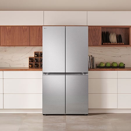 The PrintProof™ Stainless Steel LG 36-inch 24 cu.ft. Counter Depth 4-Door French Door Refrigerator LF24C8200S, shown installed in a modern kitchen.