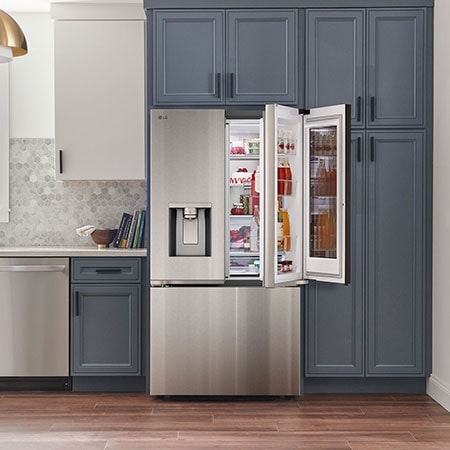 The PrintProof™ Stainless Steel LG 36-inch 31 cu.ft. French Door Refrigerator LF31S6360S, showing the easily accessible Door-in-Door® compartment open.
