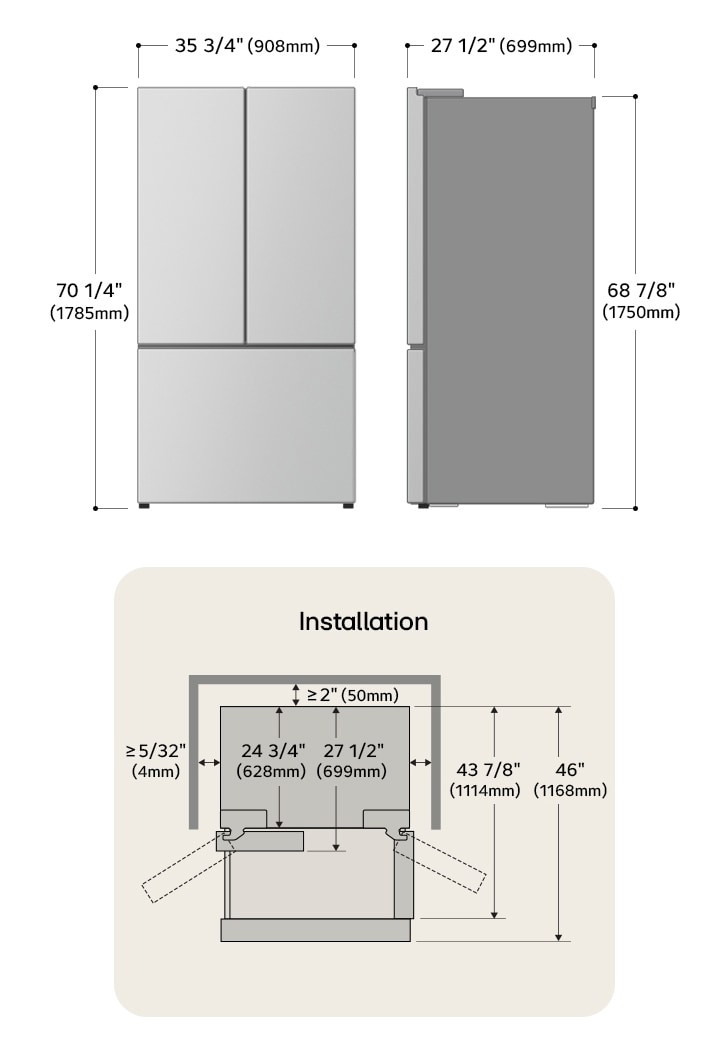 LG French Door Refrigerator technical drawing: H 70 1/4"(1785mm), W 35 3/4"(908mm), D 27 1/2"(699mm), incl. clearances.