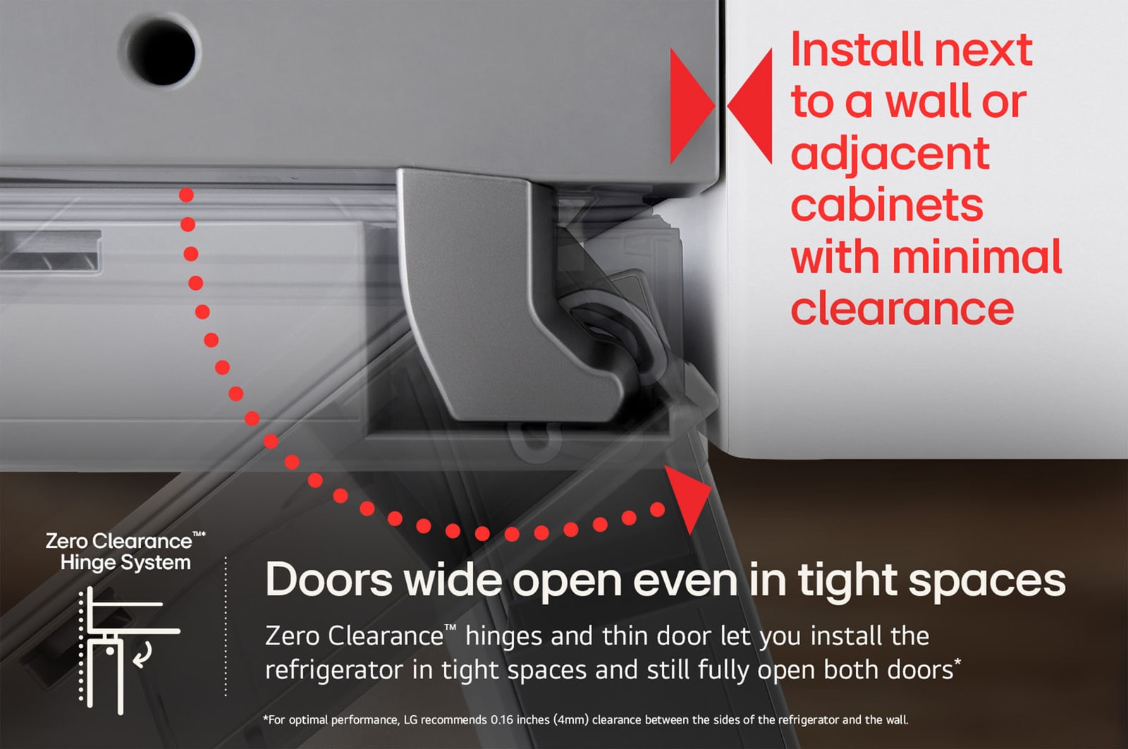 Close-up of the LG LF25Z6211S refrigerator's Zero Clearance™ Hinge, allowing doors to open fully even in tight spaces.