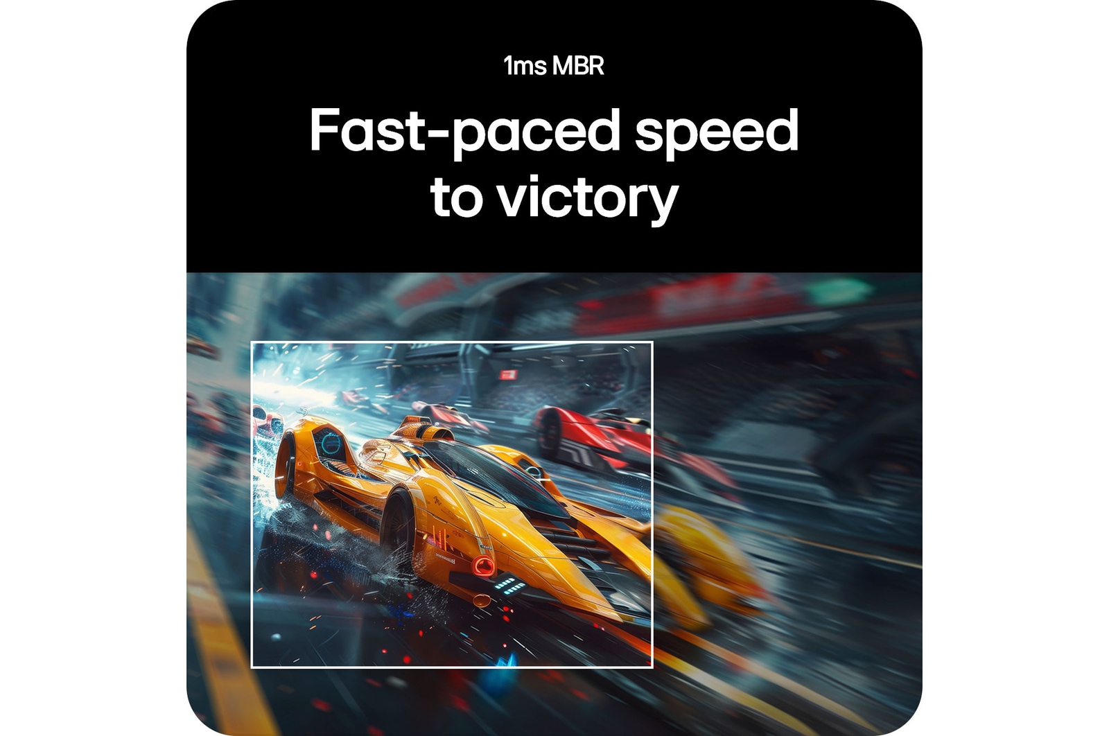 LG UltraGear Monitor 34G600A demonstrating fluid, high-speed gameplay thanks to 1ms MBR (Motion Blur Reduction) during a fast-paced racing game.