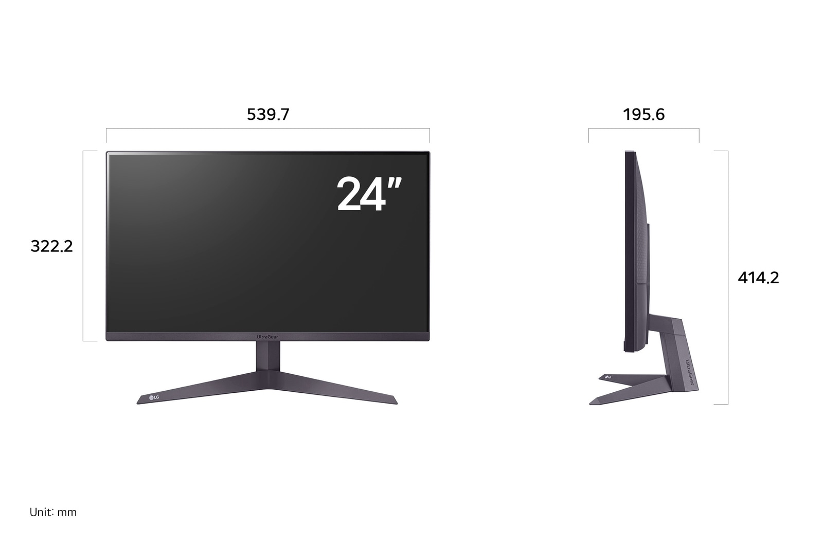 LG UltraGear Monitor 24GS50FX-B displaying product dimensions in front and side profile, measuring 539.5 mm width, 322.2 mm display height, 414.2 mm total height, and 195.6 mm depth.