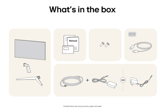 Image of the accessories included with the LG UltraGear Monitor 24GS50FX-B, detailing the manual, AC power adapter, and the included HDMI or DisplayPort cable options.