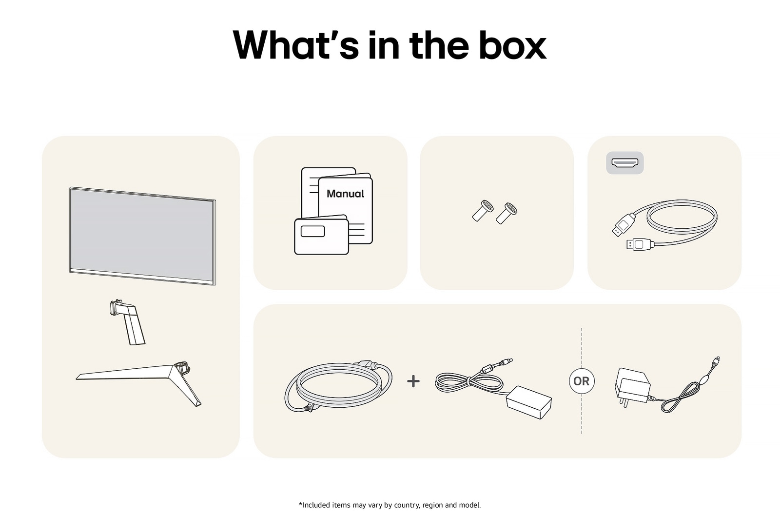 Image of the accessories included with the LG UltraGear Monitor 24GS50FX-B, detailing the manual, AC power adapter, and the included HDMI or DisplayPort cable options.