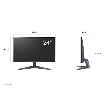 LG UltraGear Monitor 24GS50FX-B displaying product dimensions in front and side profile, measuring 539.5 mm width, 322.2 mm display height, 414.2 mm total height, and 195.6 mm depth.