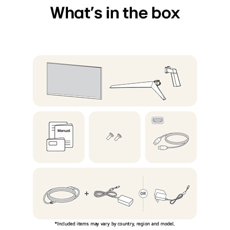 Image of the accessories included with the LG UltraGear Monitor 24GS50FX-B, detailing the manual, AC power adapter, and the included HDMI or DisplayPort cable options.