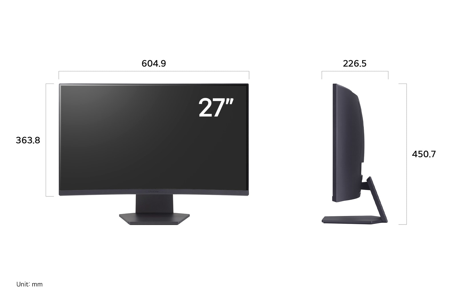 LG UltraGear Monitor 27GS60QN-B displaying product dimensions in front and side profile, measuring 604.9 mm width, 363.8 mm display height, 450.7 mm total height, and 226.5 mm depth.
