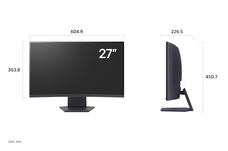 LG UltraGear Monitor 27GS60QN-B displaying product dimensions in front and side profile, measuring 604.9 mm width, 363.8 mm display height, 450.7 mm total height, and 226.5 mm depth.
