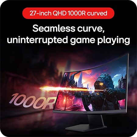 LG UltraGear Gaming Monitor 27GS60QN-B, showcasing the seamless curve of the 27-inch QHD 1000R curved display for uninterrupted game playing.