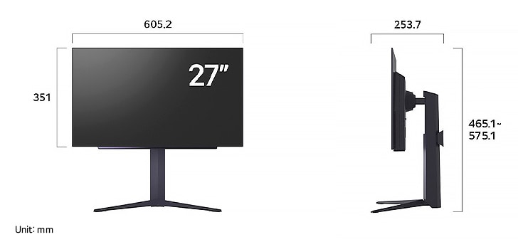 LG UltraGear Monitor 27GS93QE in matte black, showing alternate product dimensions of 605.2 mm width, 351 mm display height, 465.1 mm total height, and 253.7 mm depth.