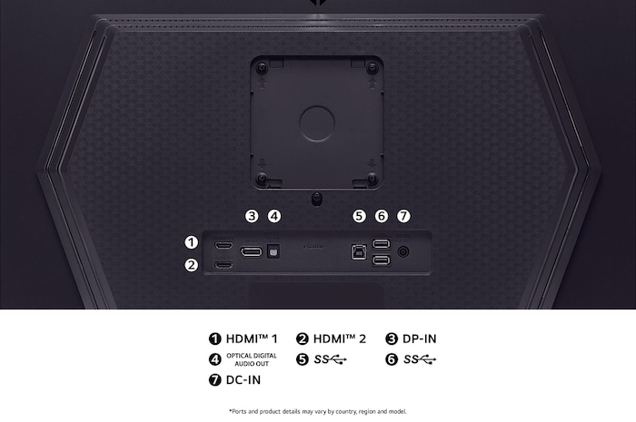 Rear view of the LG UltraGear Monitor 27GS93QE in matte black, showcasing its comprehensive connectivity panel with two HDMI ports, DP-IN, USB SS hub, and DC-IN.