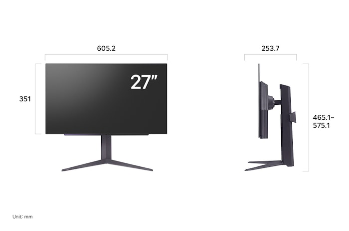 LG UltraGear Monitor 27GS93QE in matte black, displaying the product dimensions as 605.2 mm width, 358.3 mm display height, 465.9 mm total height, and 278.7 mm depth.