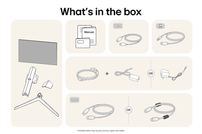 LG UltraGear Gaming Monitor 27GS93QE showing an overview of all included components, including the monitor body, stand parts, manual, and HDMI and DP cables.