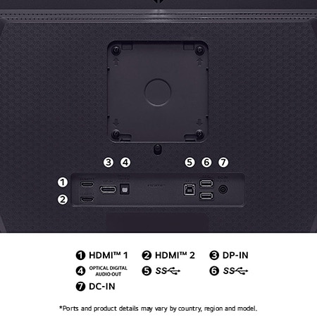 Rear view of the LG UltraGear Monitor 27GS93QE in matte black, showcasing its comprehensive connectivity panel with two HDMI ports, DP-IN, USB SS hub, and DC-IN.