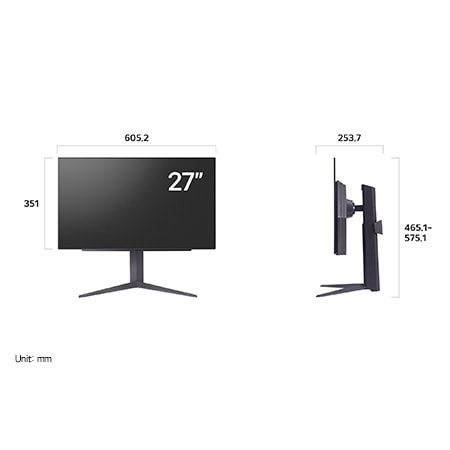 LG UltraGear Monitor 27GS93QE in matte black, displaying the product dimensions as 605.2 mm width, 358.3 mm display height, 465.9 mm total height, and 278.7 mm depth.
