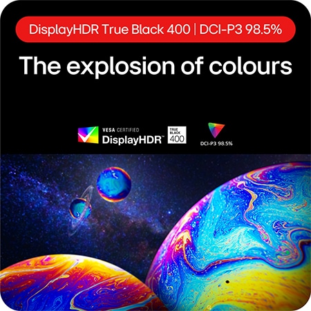 LG UltraGear Gaming Monitor 27GS93QE showcasing an explosion of colors thanks to DisplayHDR True Black 400 and DCI-P3 98.5% color gamut coverage.