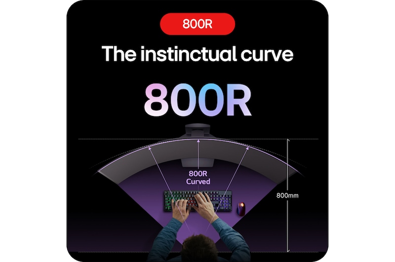 LG UltraGear Gaming Monitor 45GS95QE-B showcasing its immersive 800R curvature, which intuitively places the player at the heart of the game.