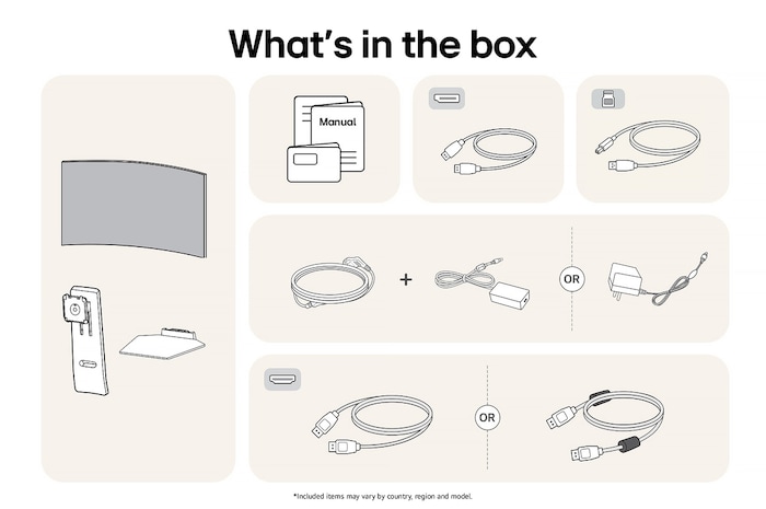 LG UltraGear Gaming Monitor 45GS95QE-B showing an overview of all included components, including the monitor body, stand parts, manual, and HDMI, DP, and USB cables.