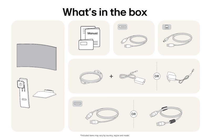 LG UltraGear Gaming Monitor 45GS95QE-B showing an overview of all included components, including the monitor body, stand parts, manual, and HDMI, DP, and USB cables.